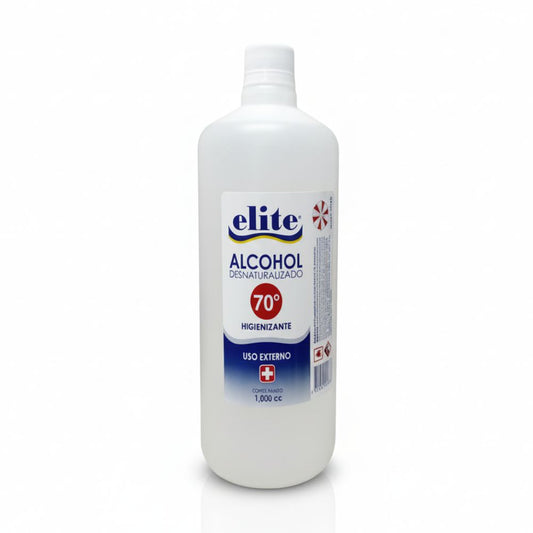 Alcohol desnaturalizado 70° Elite, botella 1 L con tapa dosificadora