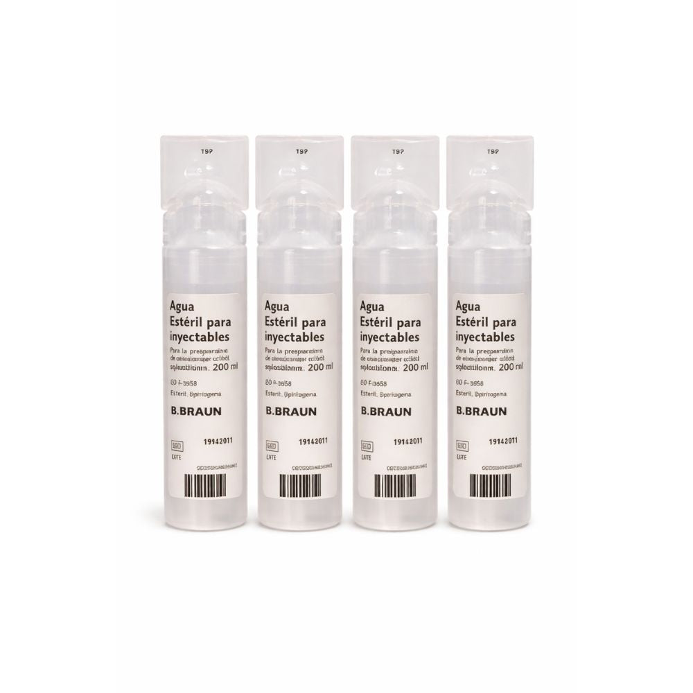 Cuatro frascos Agua estéril para inyectables 200 mL, vista frontal