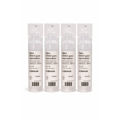 Cuatro frascos Agua estéril para inyectables 200 mL, vista frontal