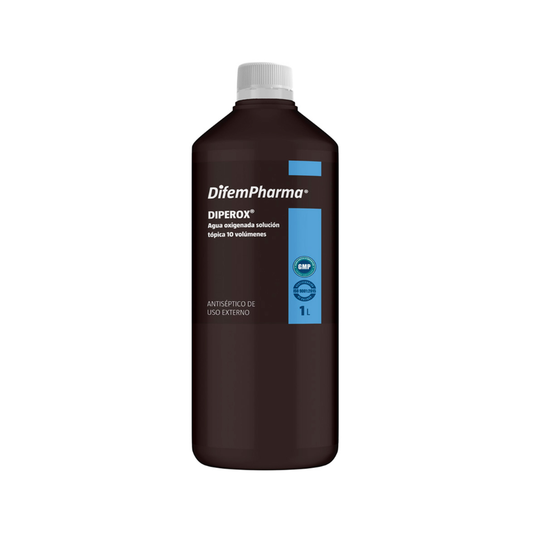DifemDiperox agua oxigenada 10 vol 1 lts, frasco ámbar con tapa blanca
