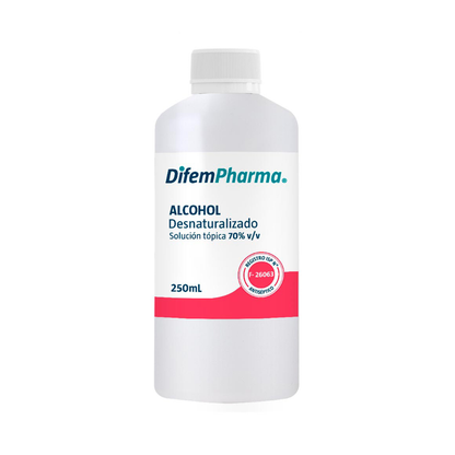 Alcohol 70% en frasco 250 mL con tapa rosca blanca