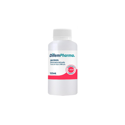 Botella 125 mL de alcohol desnaturalizado 70% v/v DifemPharma, frasco blanco.