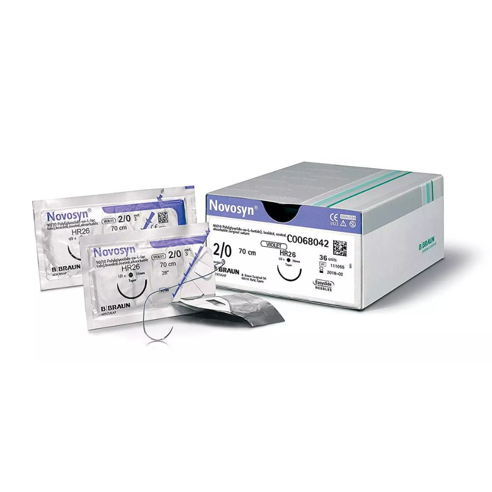 Novosyn uncolored sutures, 2/0, 70 cm, HR26—box with labeled sachets