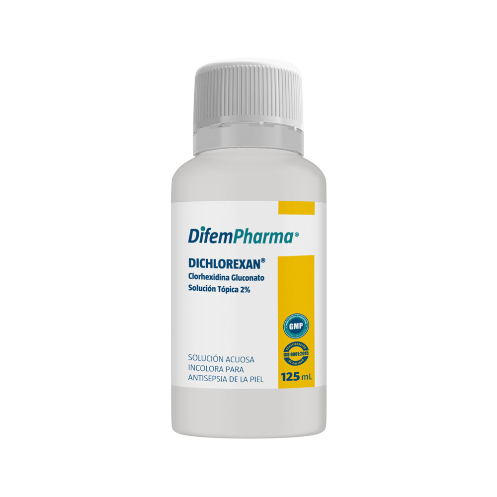 Clorhexidina tópica 2% frasco 125 ml, tapón estriado, etiqueta amarilla