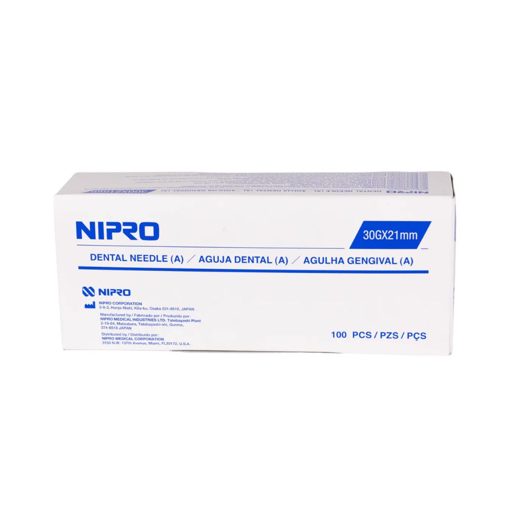 Caja de agujas dentales Nipro 30G x 21 mm, 100 unidades.