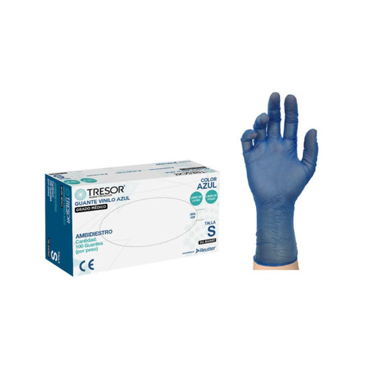 Guante de vinilo azul talla S, ambidiestro; mano con guante y caja Tresor