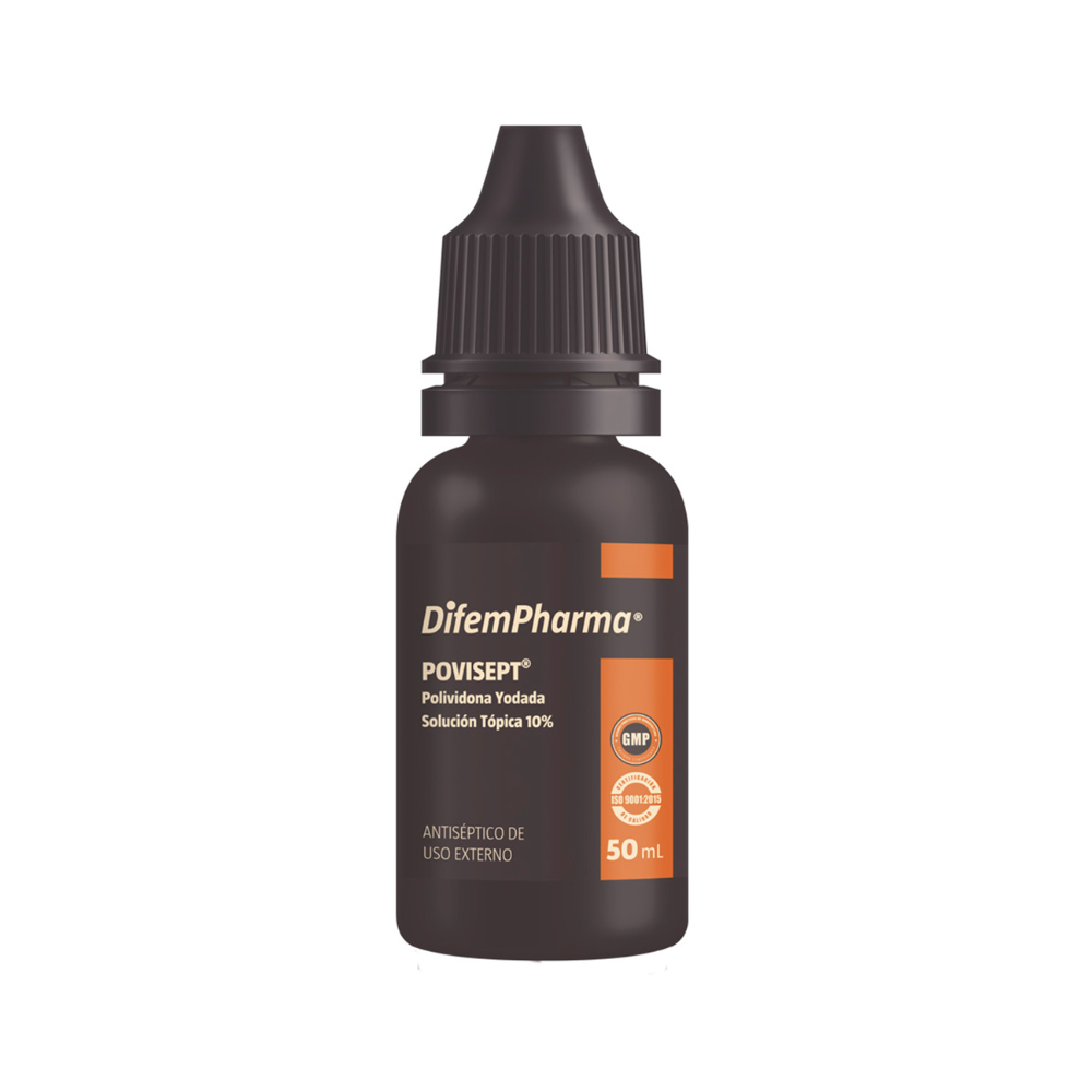 Frasco de povidona yodada DifemPharma 50 mL, solución tópica 10%