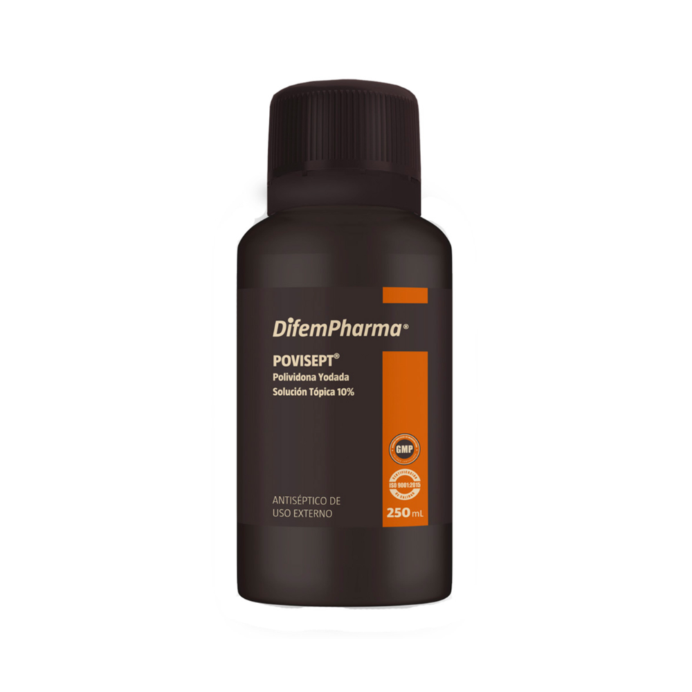 Frasco de povidona yodada DifemPharma 250 mL, solución tópica 10%