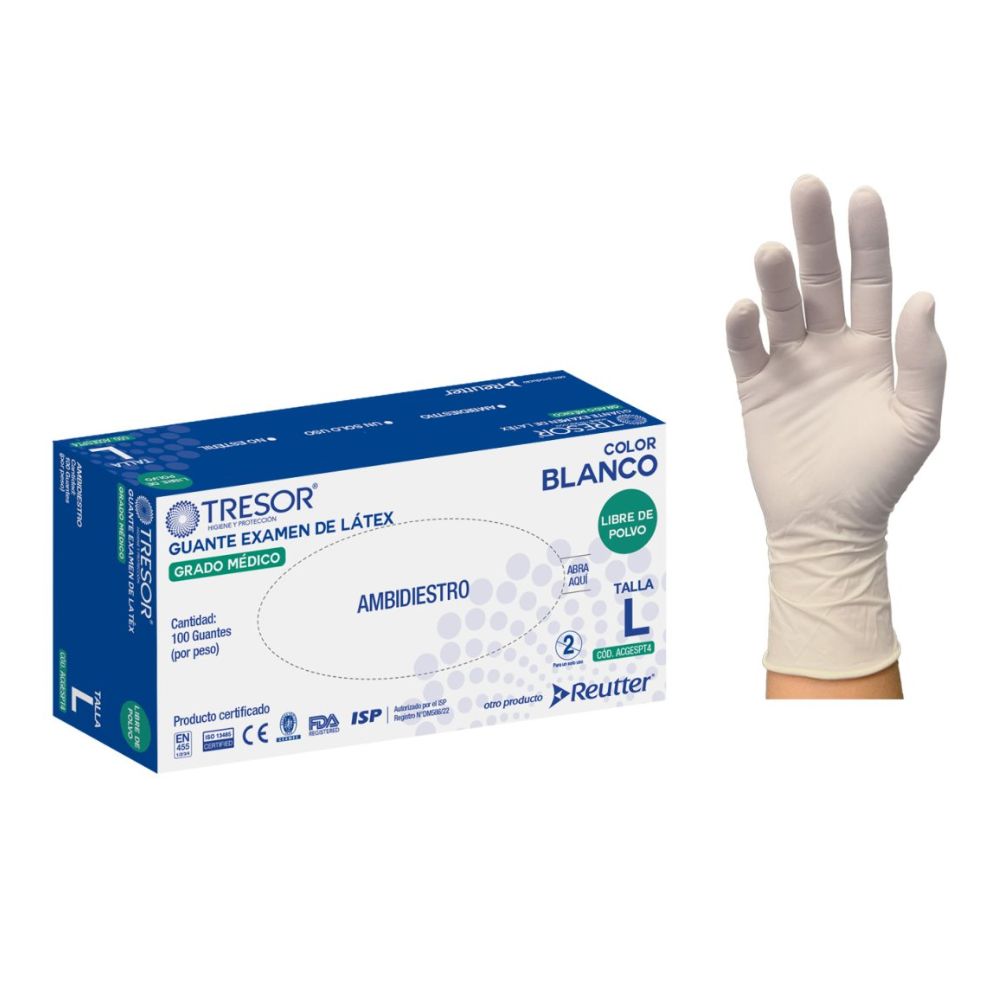 Guante de látex sin polvo, color blanco, talla L, ambidiestro; se ve en la mano