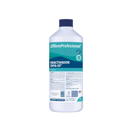 Inactivador OPA-DI en botella plástica con tapa azul, etiqueta verdiazul