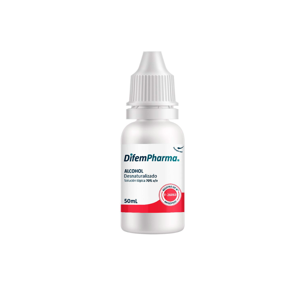 Alcohol 70% en frasco 50 mL con gotero y tapa rosca blanca