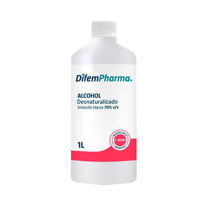 Botella 1 L de alcohol desnaturalizado 70% v/v DifemPharma, frasco blanco.