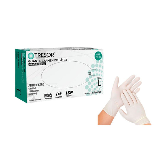 Guante de látex color blanco, en par, con caja de Guante Examen de Látex