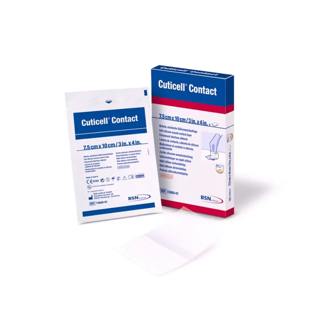 Cuticell Contact Wundauflage 7,5 x 10 cm, Verpackung und Verbandrolle sichtbar