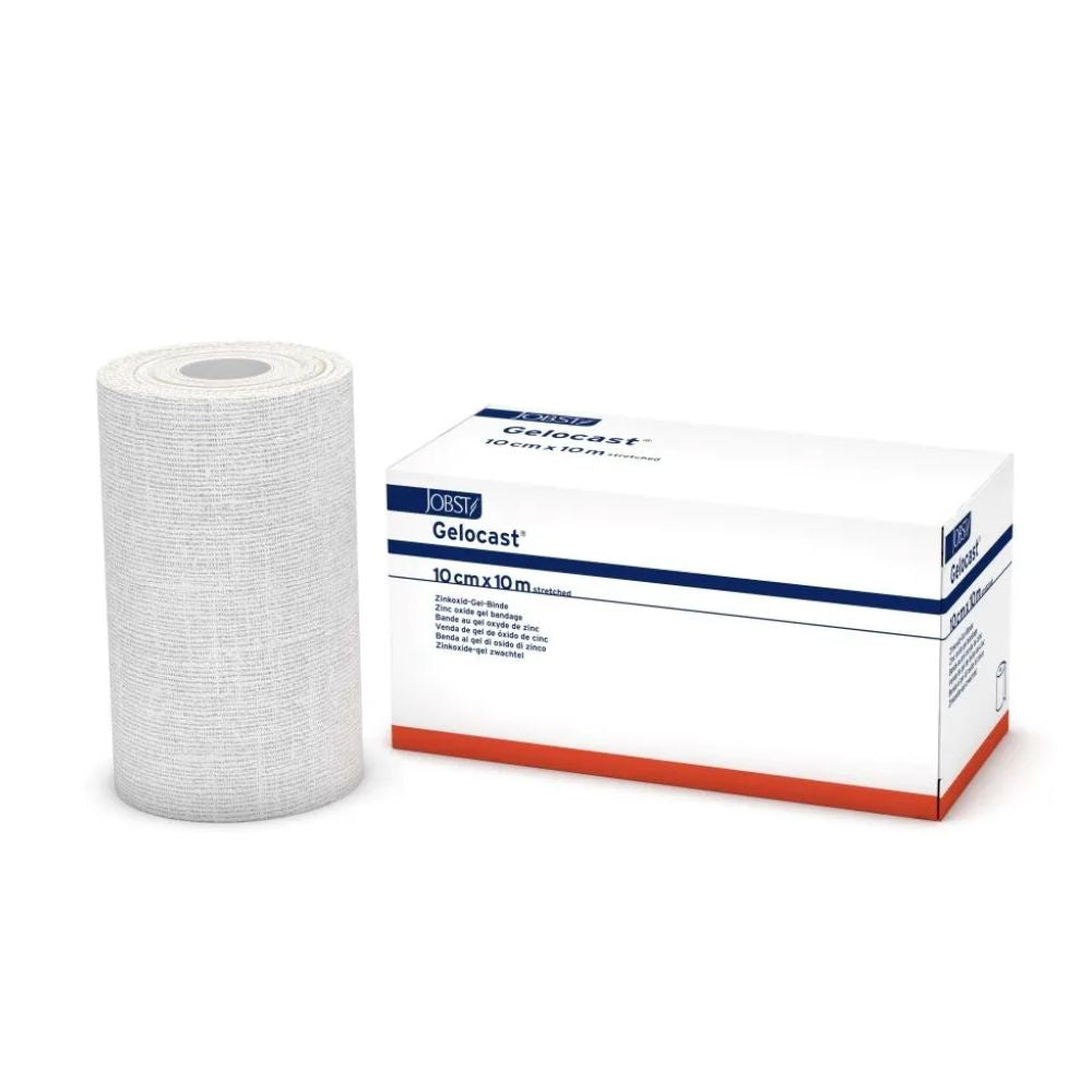 Gelocast 10 cm x 10 m: weiße Fixierbinde-Rolle und Packung