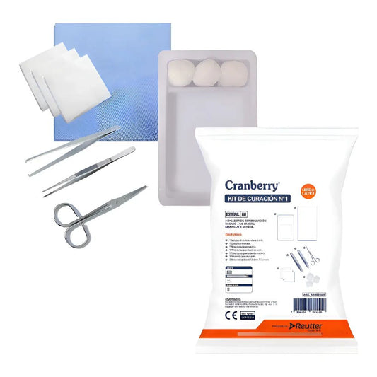 Kit de curación con gasas, bandeja, herramientas metálicas y empaque con instrucciones