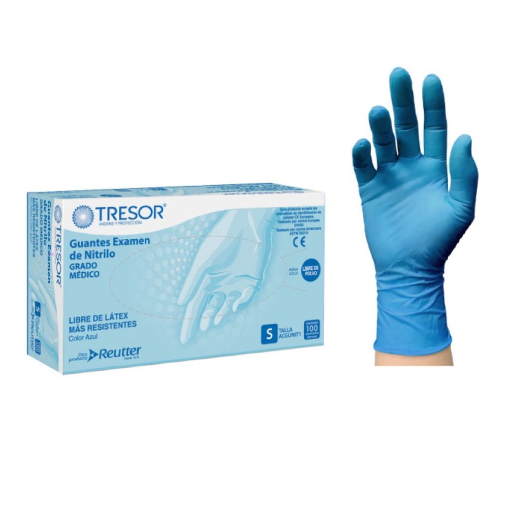 Guante nitrilo azul, talla S; guante de examen en uso