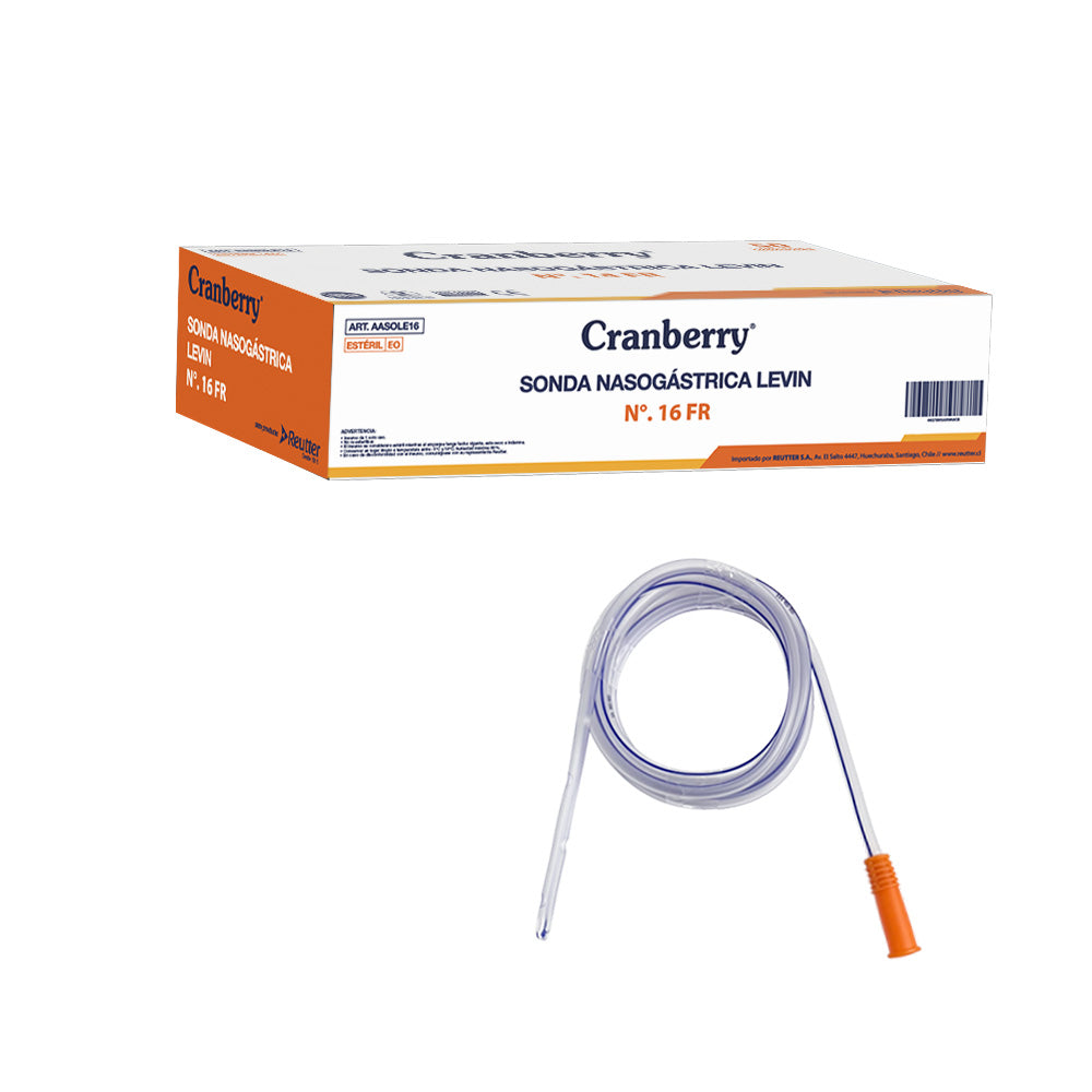 Sonda nasogástrica Levin graduada N° 16 FR, tubo transparente con punta y conector naranja