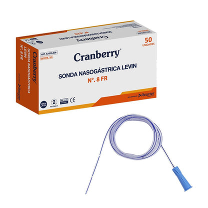 Sonda nasogástrica Levin graduada N° 8 FR, tubo transparente con punta y conector azul