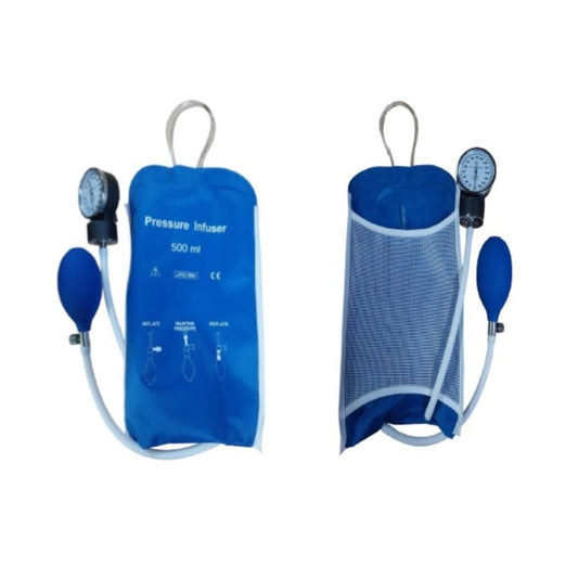 Apurador de suero con manómetro, bolsa azul 500 ml
