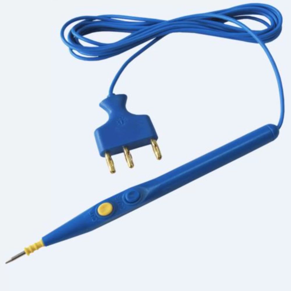 Lápiz electrobisturí desechable esteril, cable azul y punta metálica