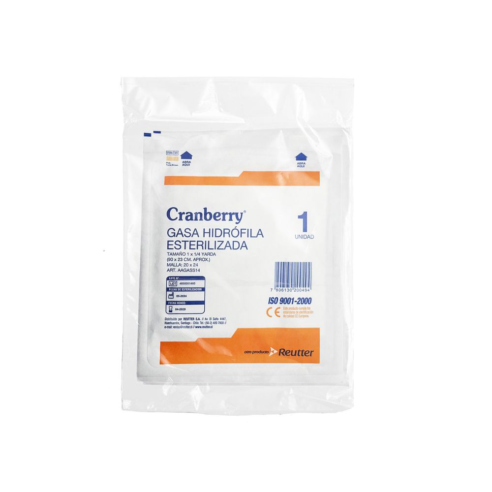 Gasa Esteril Cranberry, gasa hidrófila estéril en empaque, 1 unidad