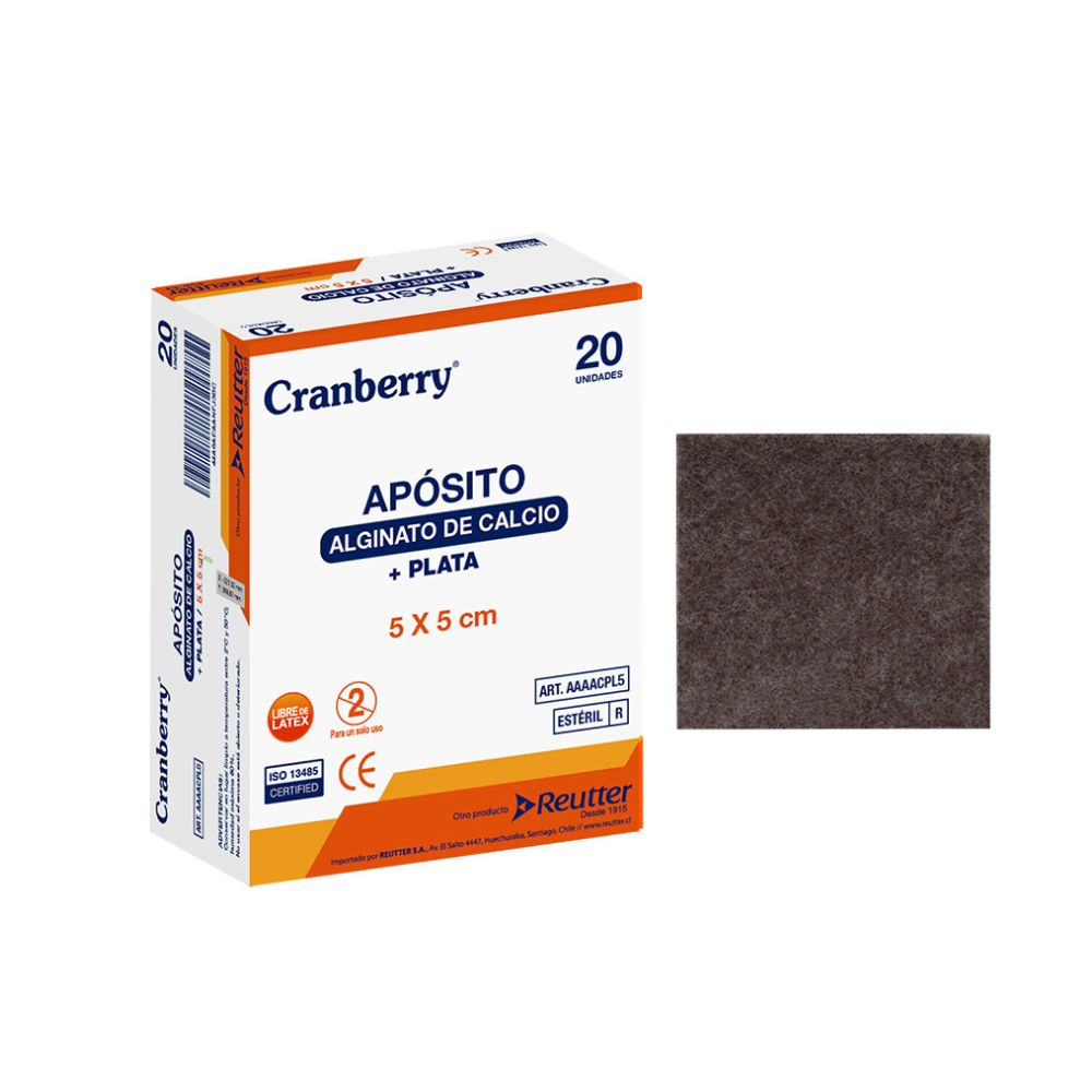 Apositivo alginato de calcio + plata 5x5 cm, apósitos estériles Cranberry (20 uds).