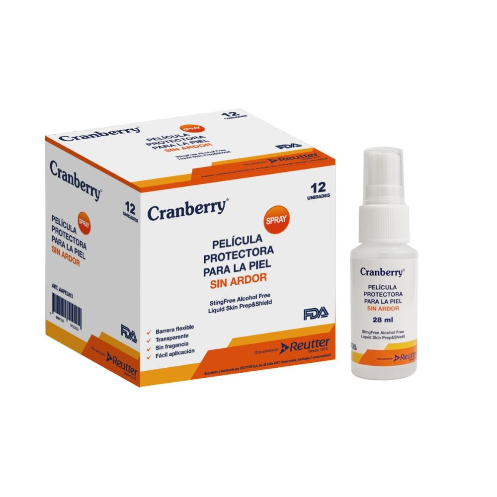 Spray de película protectora para la piel Cranberry, frasco 28 ml y caja