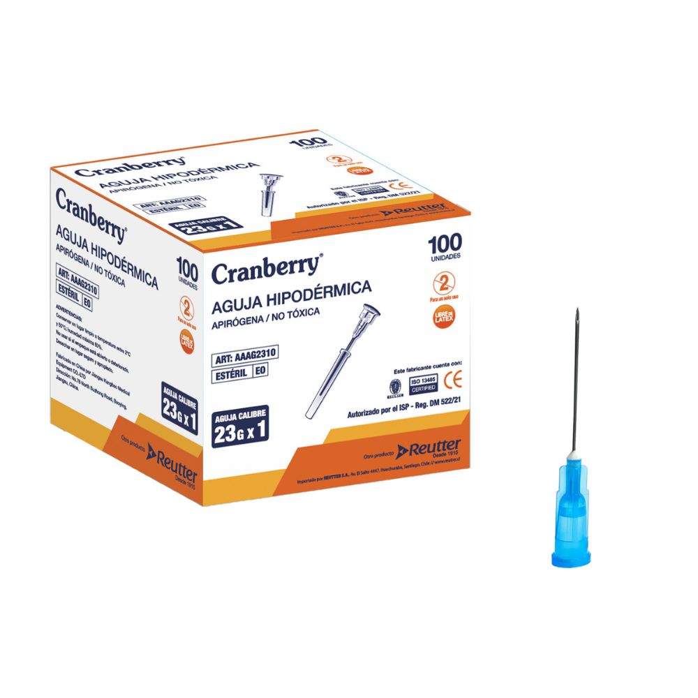 Aguja hipodérmica 23Gx1, empaque Cranberry 100 unidades, una aguja suelta