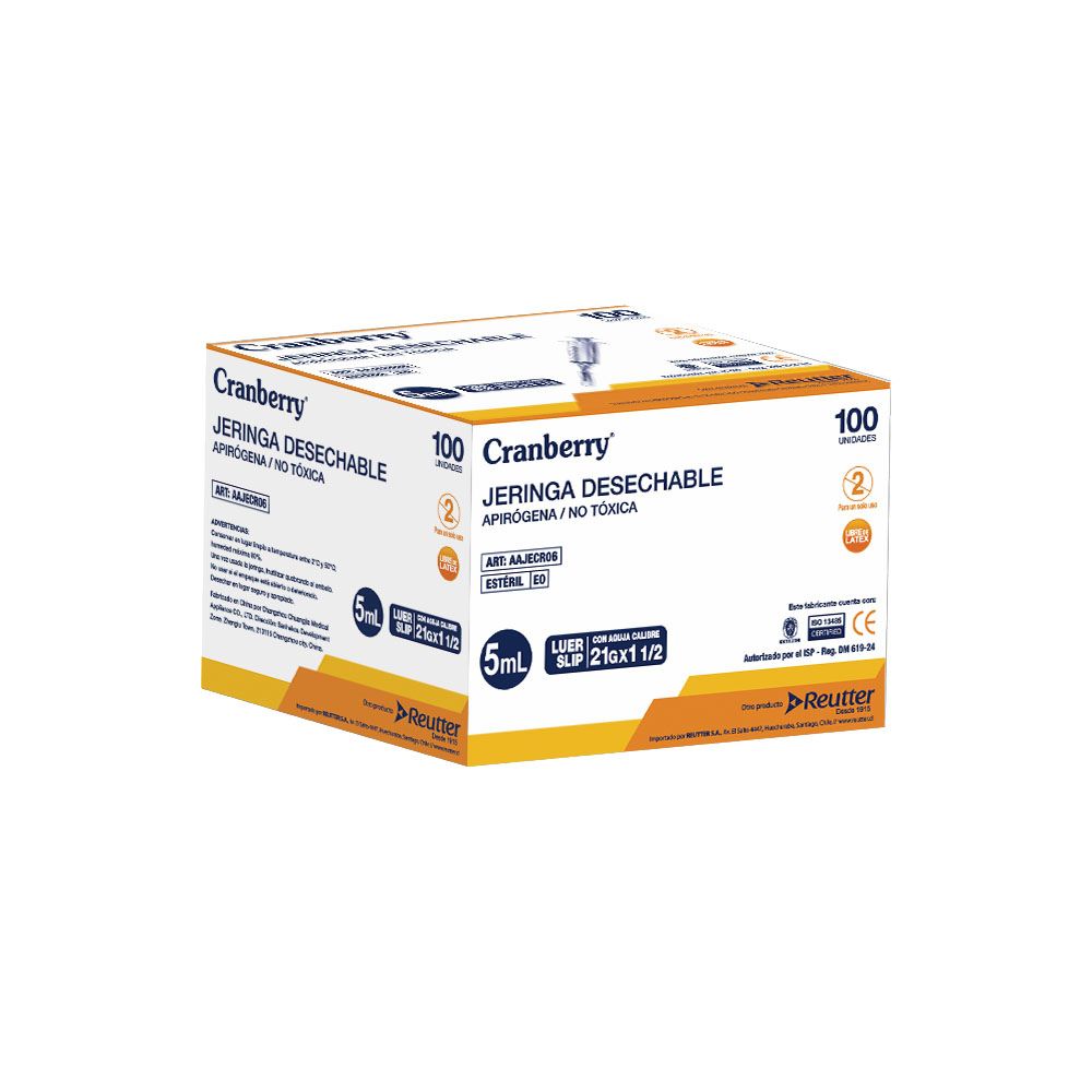 Jeringa desechable Luer Slip, 5 ml; vista del empaque 100 unidades