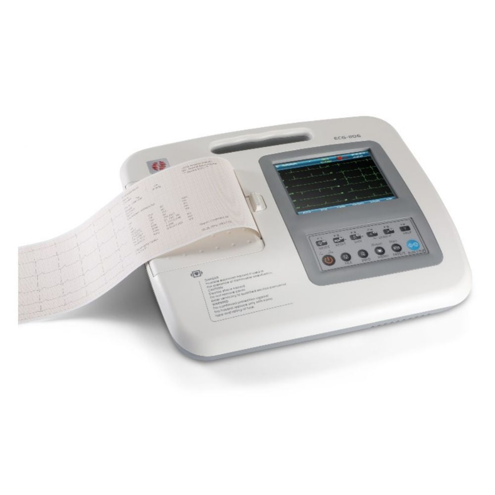 Electrocardiógrafo portátil con pantalla y tira de ECG desplegada