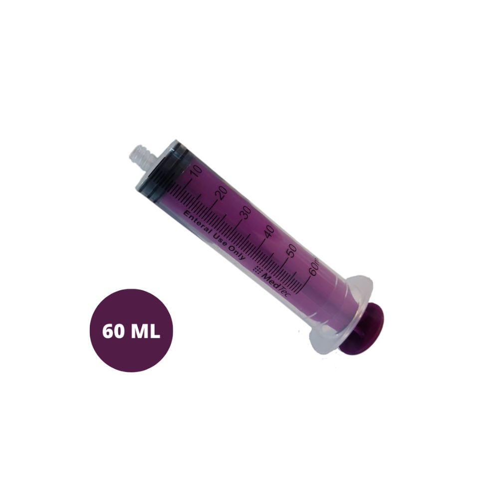 Jeringa Enfit de 60 ml, cuerpo morado y escala graduada