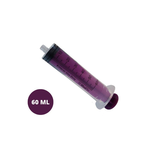 Jeringa Enfit de 60 ml, cuerpo morado y escala graduada