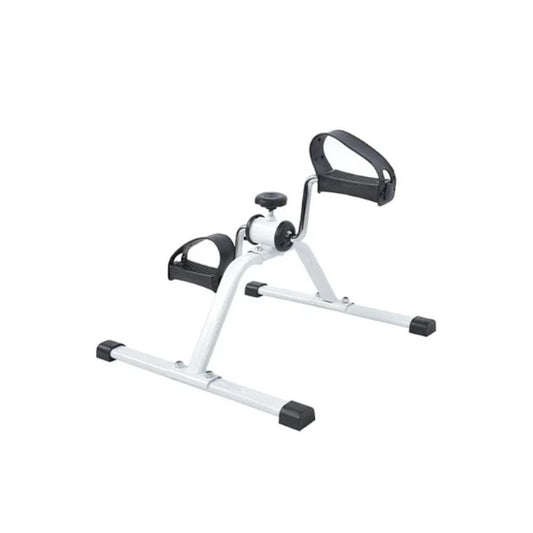 Pedalín de ejercicios con estructura blanca, pedales con correas negras y manija superior