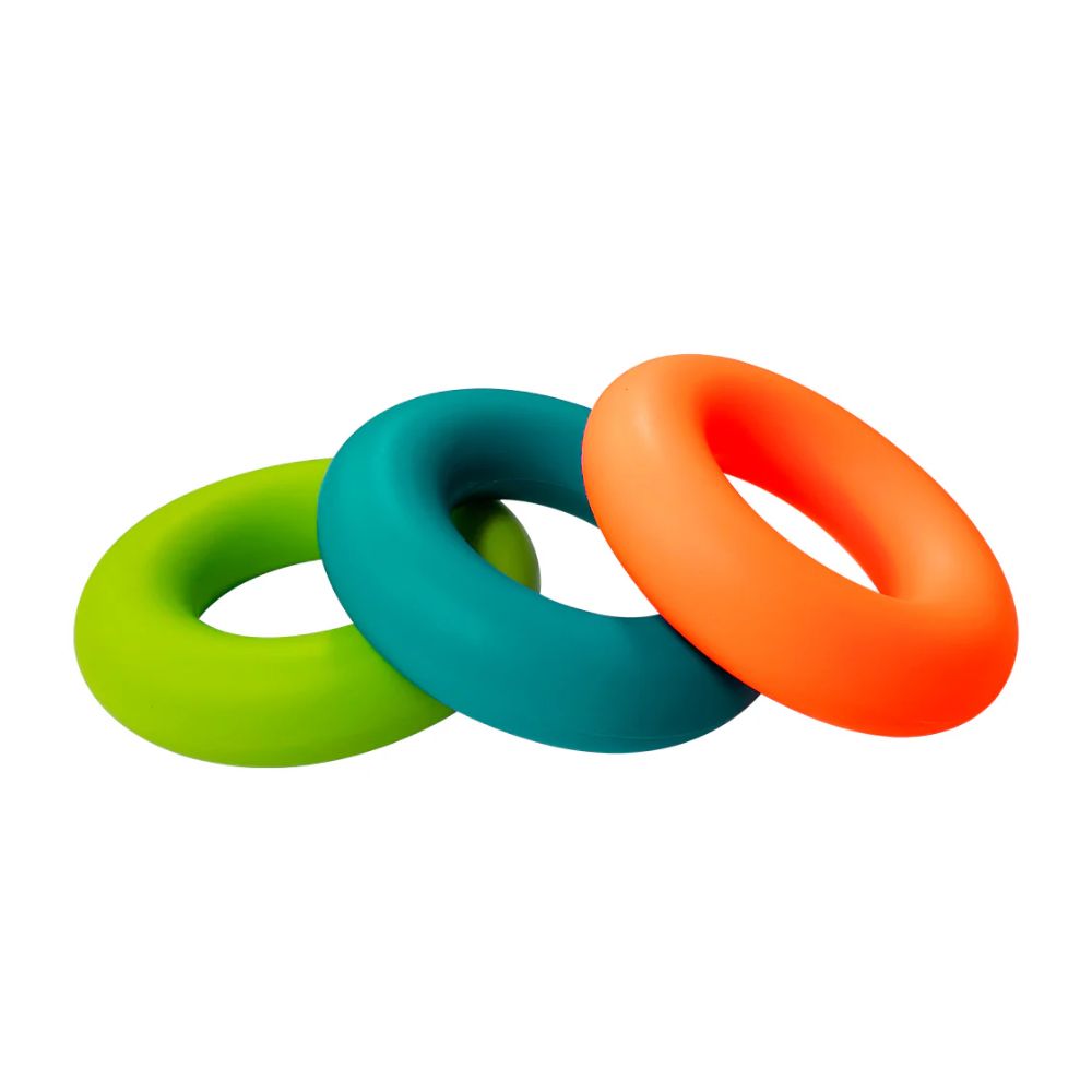 Ejercitador de mano Grip de colores: anillos verde, azul verdoso y naranja