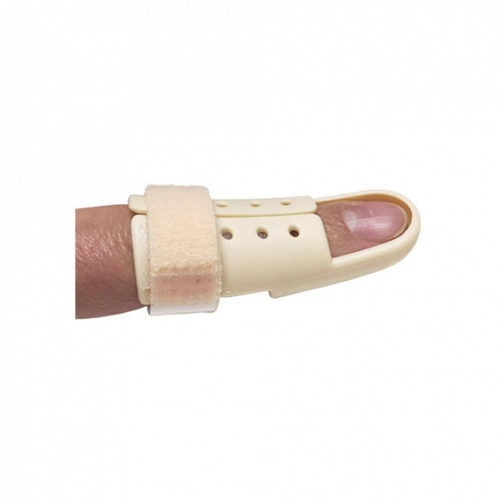 Mallet finger link splint with perforated plastic plate and padded strap