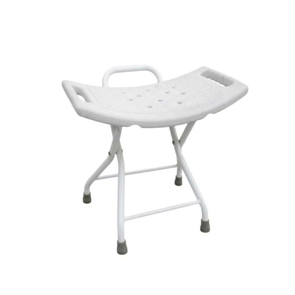 Piso de ducha plegable blanco con asiento perforado y asa superior