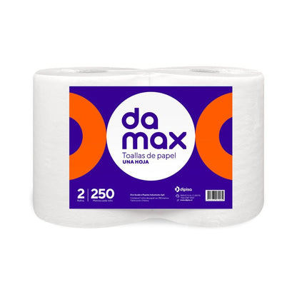 Toalla de papel Damax 2x250, rollo blanco en empaque sellado con etiqueta