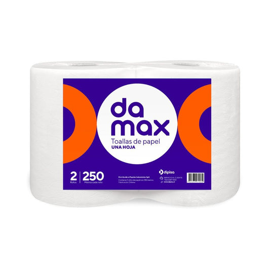 Toalla de papel Damax 2x250, rollo blanco en empaque sellado con etiqueta