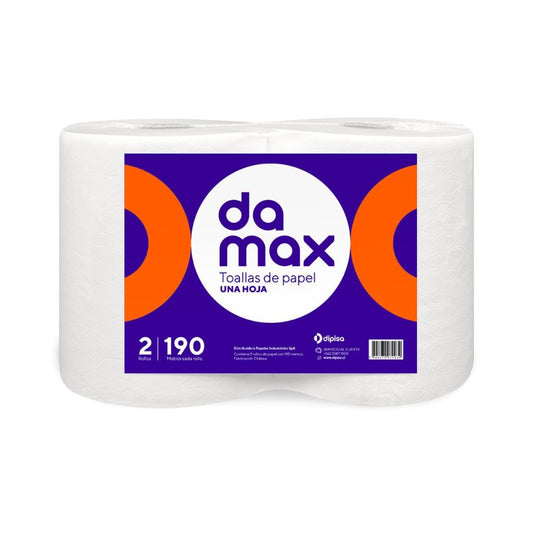 Toalla de papel Damax 2x190, rollo blanco en empaque sellado con etiqueta