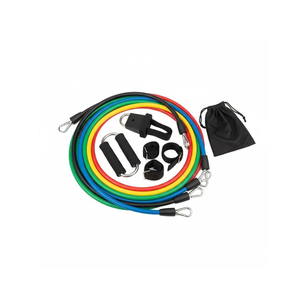 Set de 5 tubos elásticos de colores con asas y mosquetones, bolsa negra incluida