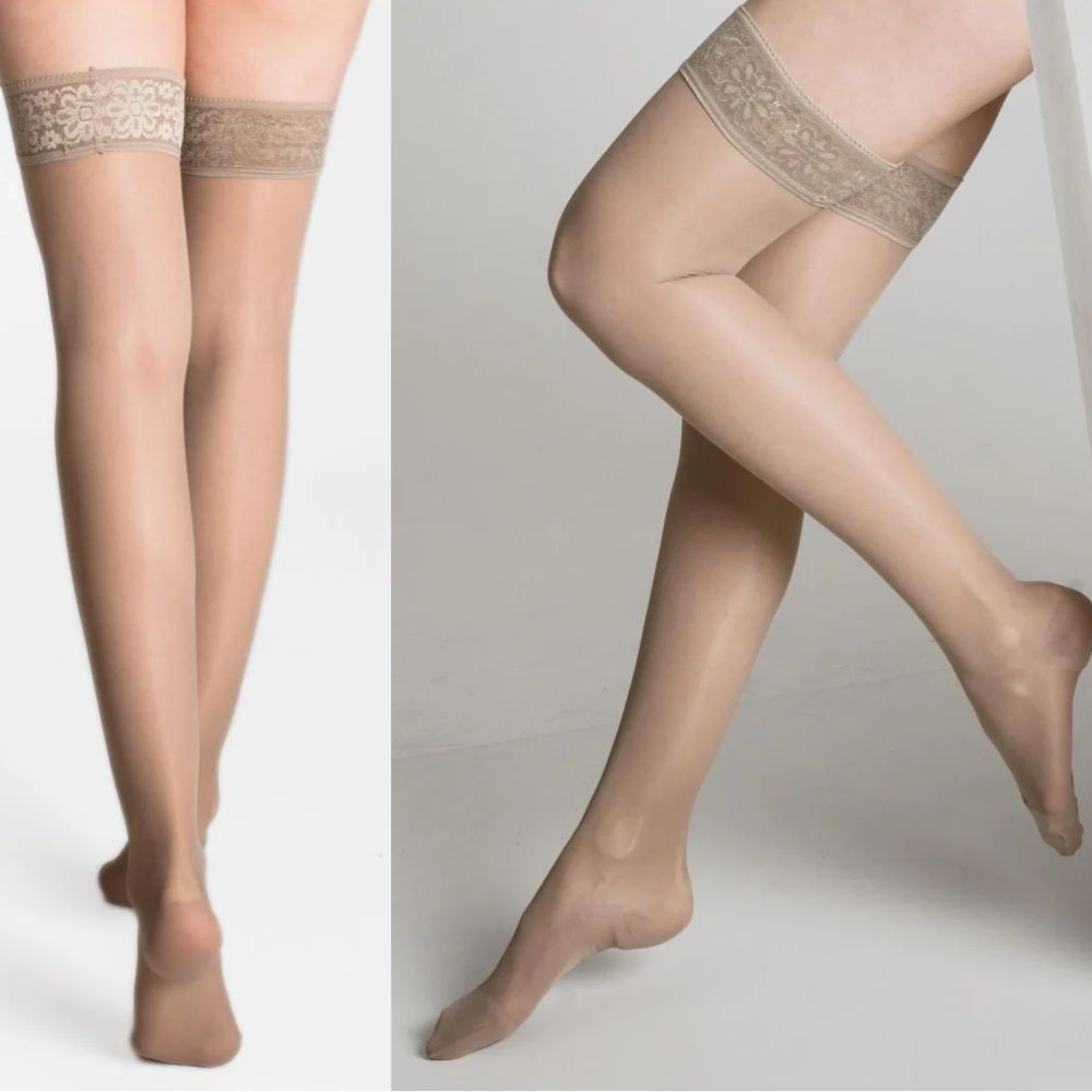Calze autoreggenti beige con fascia in pizzo, 18-22 mmHg