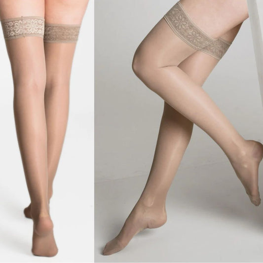 Calze autoreggenti beige con fascia in pizzo, 18-22 mmHg