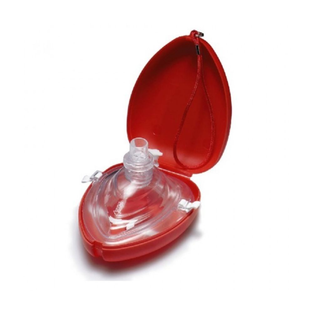Mascarilla de bolsillo roja, abierta, con pieza facial transparente y válvula