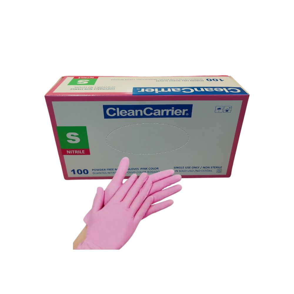 Guante rosado de nitrilo sin polvo, talla S; caja y guante en mano