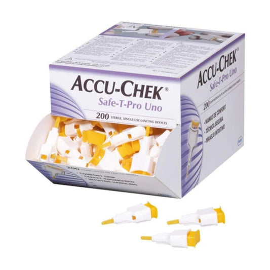 Lancetas Accu-Chek Safe-T-Pro Uno, caja con 200 dispositivos estériles, uso único