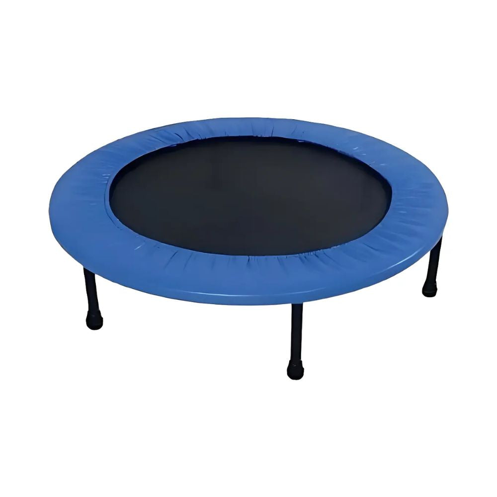 Blauer Mini-Trampolin mit rundem Sprungtuch und schwarzer Matte, mit schwarzen Standbeinen
