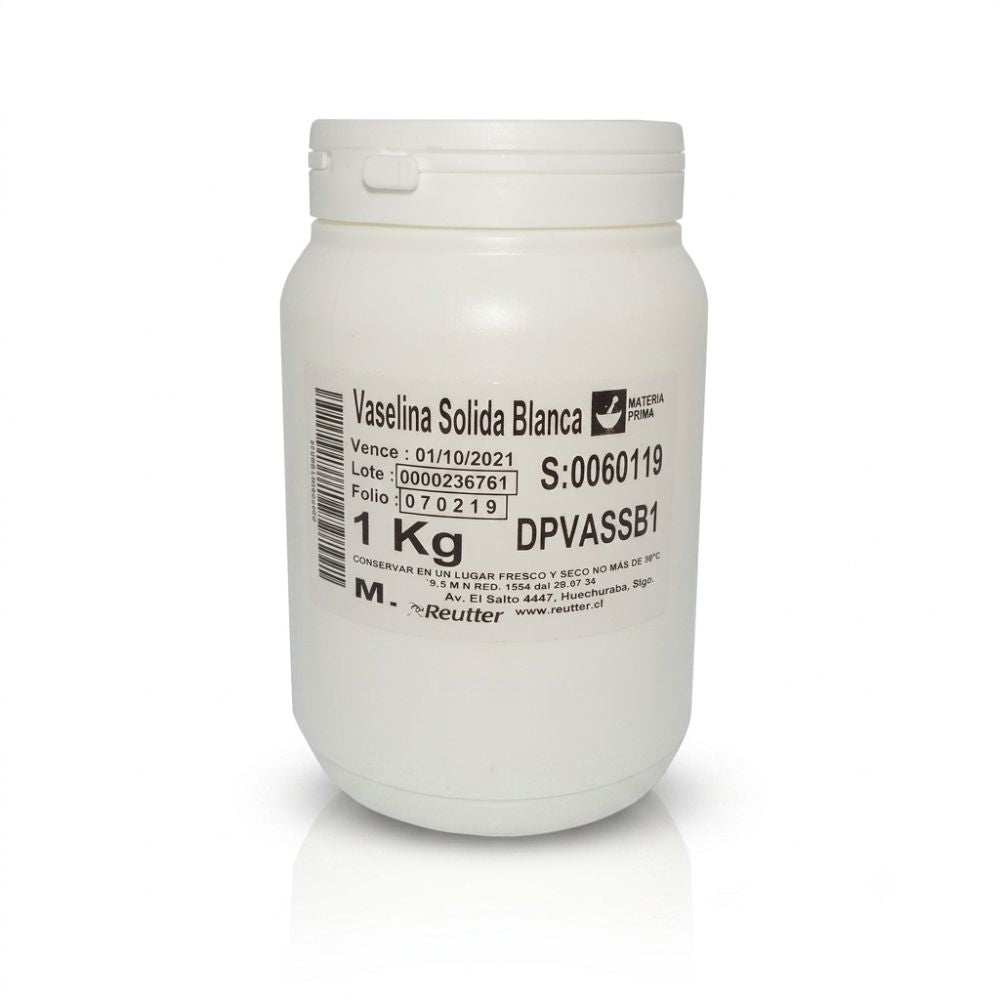 Vaselina sólida blanca en frasco de 1 kg, tapa blanca y etiqueta frontal.