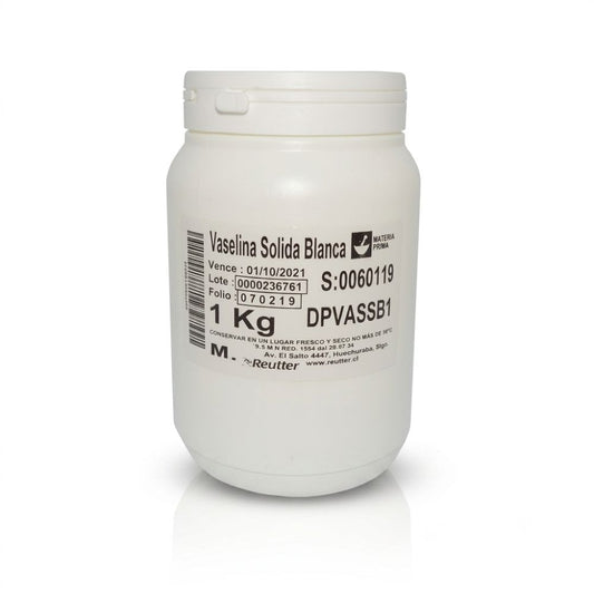 Vaselina sólida blanca en frasco de 1 kg, tapa blanca y etiqueta frontal.